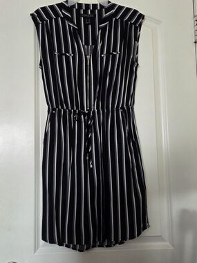 Mandee Black & White Vertical Stripe Zip-Front Mini Dress